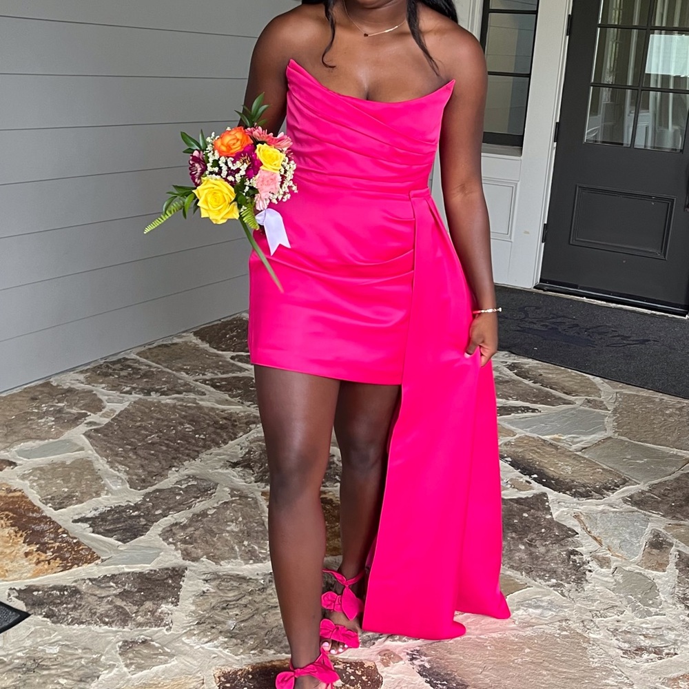 Sau Lee Strapless Pink Satin Mini Dress w/ Detachable Train Size 12 Glam Formal